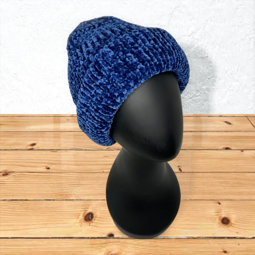 Handmade Super Soft Velvet Knit Beanie Handcrafted Hat Navy - Picture 3 of 11